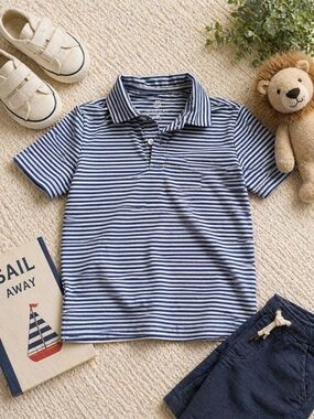 Class Club Boys Blue White Striped Polo Shirt Size 6/7 Performance Stretch